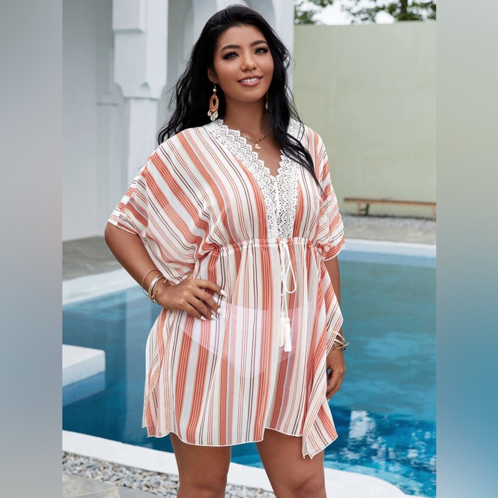 NWT Lace Trim Striped Swim Cover Up Kimono